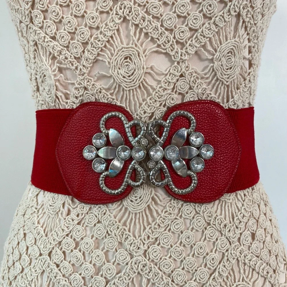 Vintage Statement Red Cowgirl‎ Belt Rhinestone Bling Size M Wide Elastic Boho